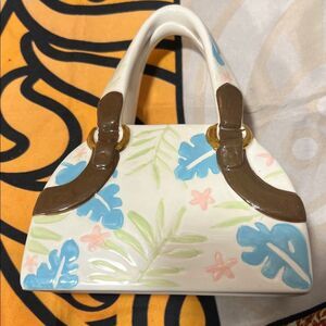 Russ Berrie Ceramic Mini Bag Bank with Blue and Pink Floral Design